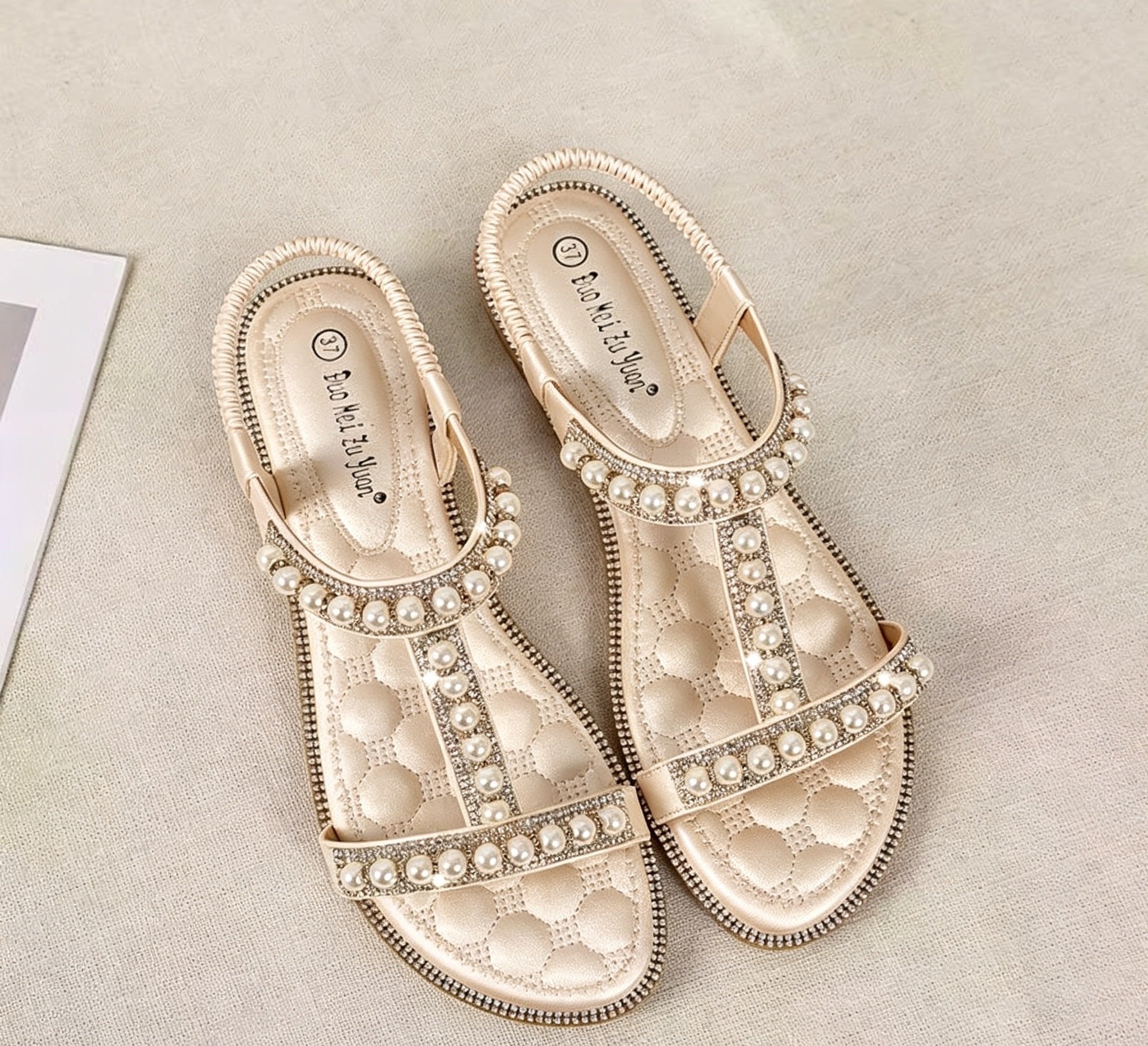Womens Summer Flat Sandals T-Strap Bohemian Rhinestone Slip On Shoes