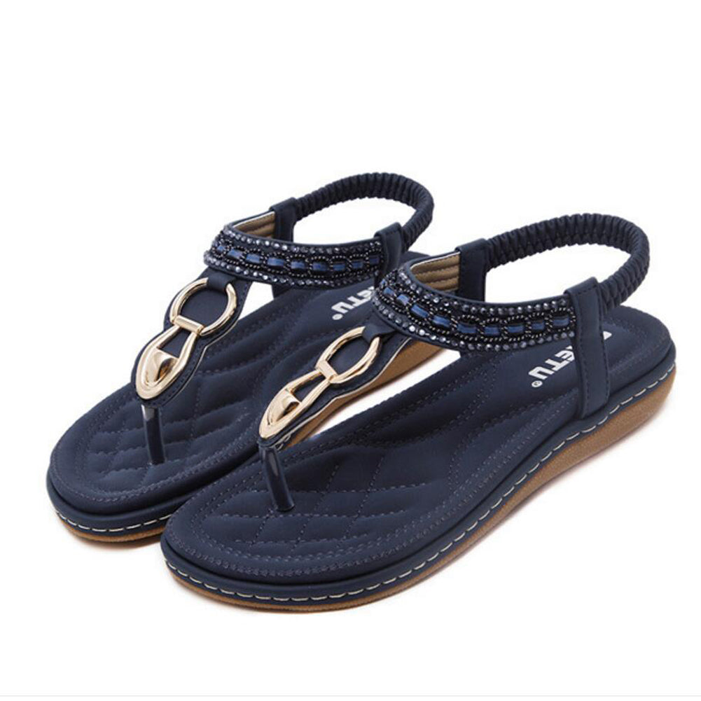 Women Elastic Strappy Thong Ankle Strap Sandals Bohemian  Slip on Flip Flops Shoes