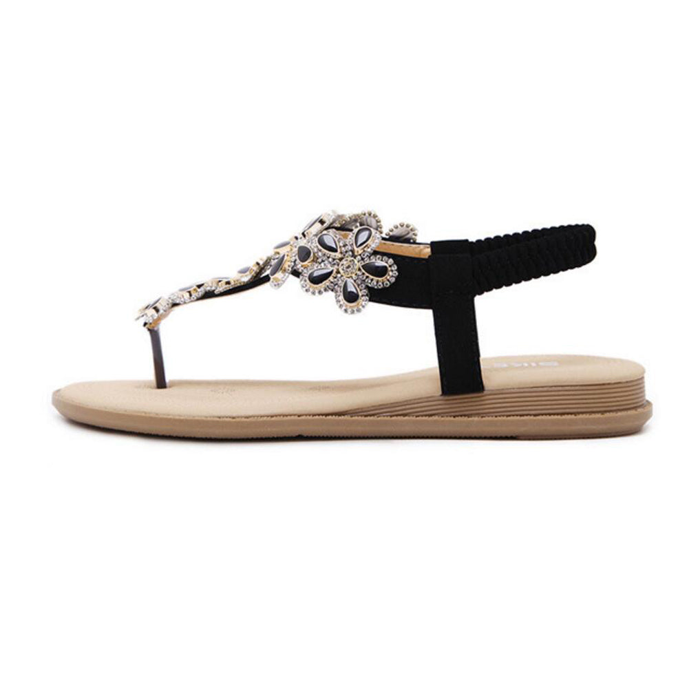 Women's Rhinestone Flat Sandals Glitter Shoes Bohemian Summer Beach T-Strap Flip-Flops Thong Sandals